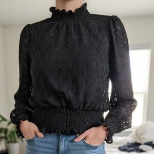 Black Lace Smocked Ruffle Mock Neck Blouse | Statement Top